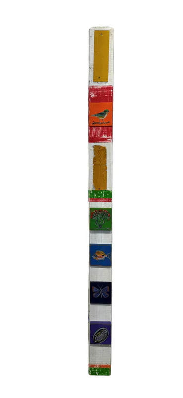 Upcycled wooden road marker post with NZ Kiwiana paintings by Chrissie Burnside, available at The Little Gallery Whangamata