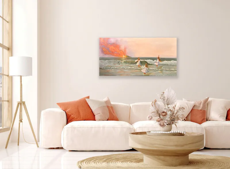 An original painting of ladies dancing in the water with a burning island in the background by Helena West, available at The Little Gallery Whangamata
