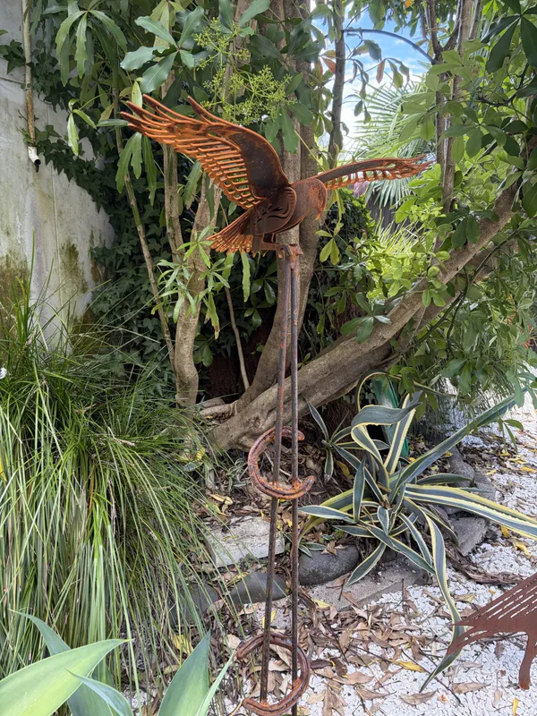 Original garden art Corten Steel Kahu bird on iron rods by Rustic Soul Sculptures, available at The Little Gallery Tairua