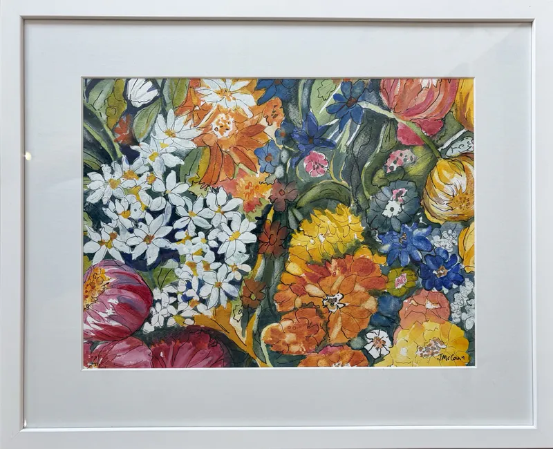 A bright and colourful floral painting by Jean McCann, available at The Little Gallery Tairua
