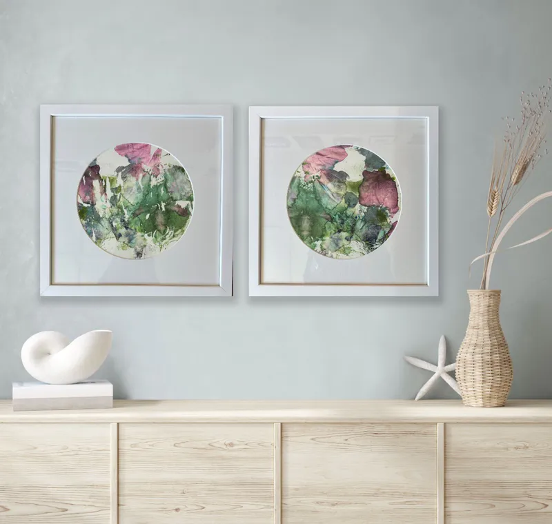 Two paintings of peltals in greens and blues by Michael Harrison available in The Little Gallery in Tairua