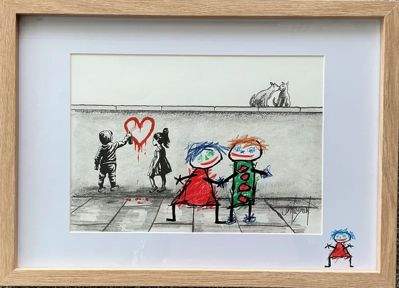 An original sketch by John Wilson with people holding hands and graffiti in the background, available at The Little Gallery Whangamata