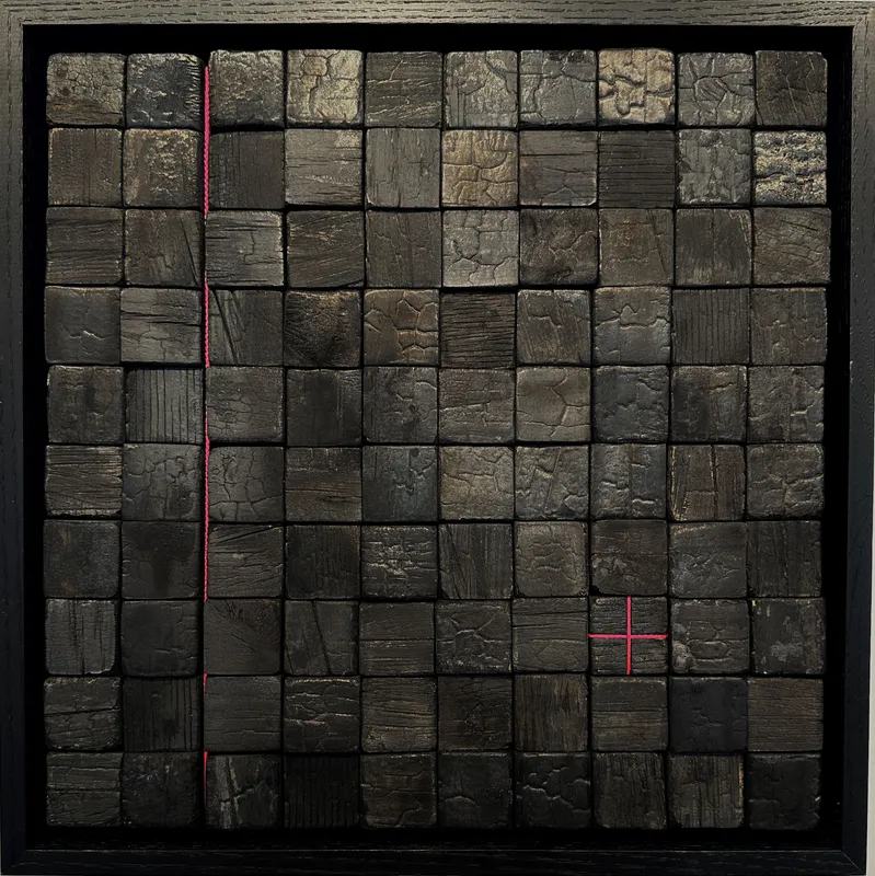Artwork created using charred beehives with pink thread by Claudia Aalderink available at The Little Gallery in Tairua