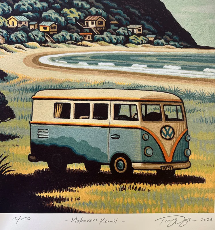 A Limited Edition print of a Kombi van parked at a beach by Tony Ogle, available at The Little Gallery Whangamata