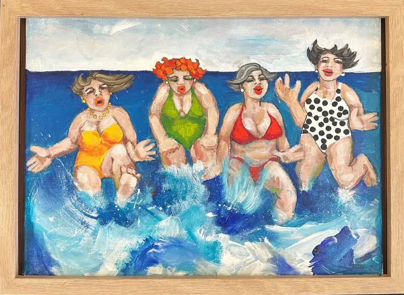 An original Acrylic painting with four women swimming by Heather Leonard, available at The Little Gallery Tairua