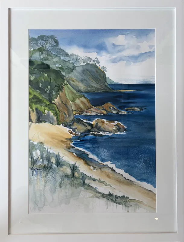 A vibrant watercolour painting of the North Beach in TaIrua by Jean McCann, available at The Little Gallery Tairua