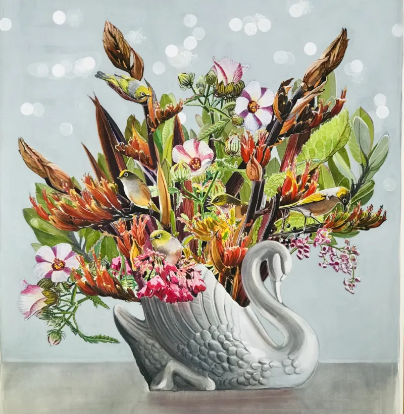 A Limited Edition fine art print of Flax and Silvereye birds by New Zealand artist Jane Galloway, available at The Little Gallery Tairua