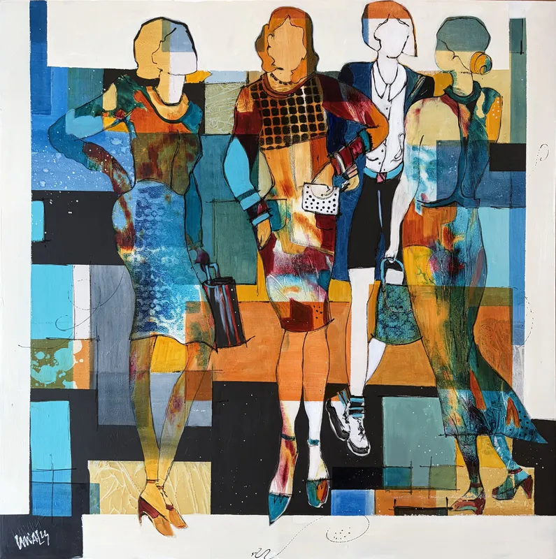 A vibrant patchwork-style artwork of women by Wendy Walls, available at The Little Gallery Tairua