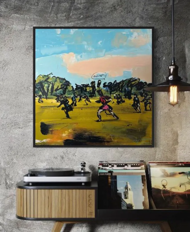 A Mixed Media painting of children playing Bullrush by Christian Nicolson, available at The Little Gallery Tairua