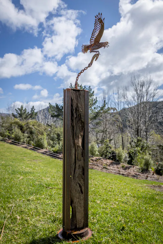Original Corten Steel garden art Kahu on Totem by Rustic Soul Sculptures, available at The Little Gallery Tairua