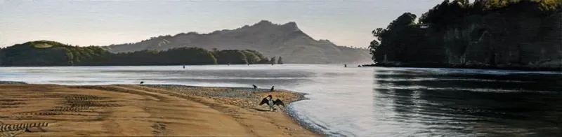 A Limited Edition fine art print of a silver morning over Mercury Bay by New Zealand artist Jane Galloway, available at The Little Gallery Whangamata