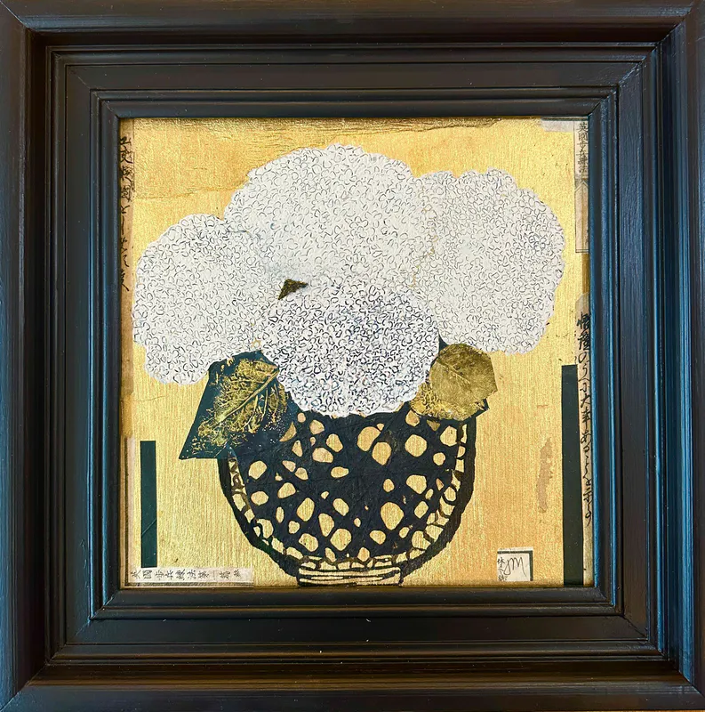 A painting of white hydrangeas with gold leaf background and black frame by Artist Joanne Mahoney available at The Little Gallery in Tairua