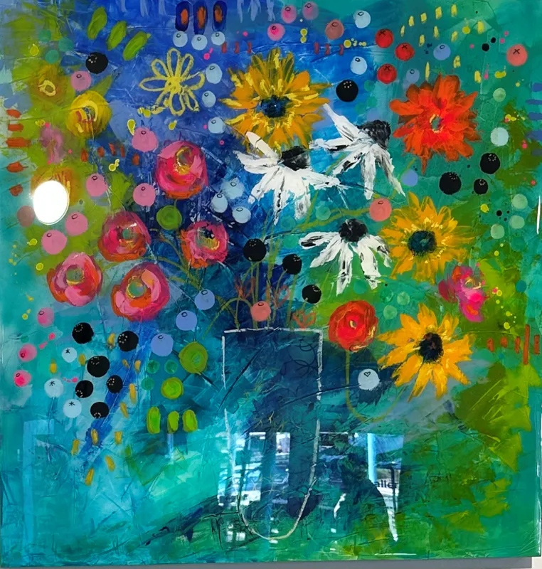 An original bright painting of flowers with resin coating by Kristin Hyde, available at The Little Gallery Whangamata