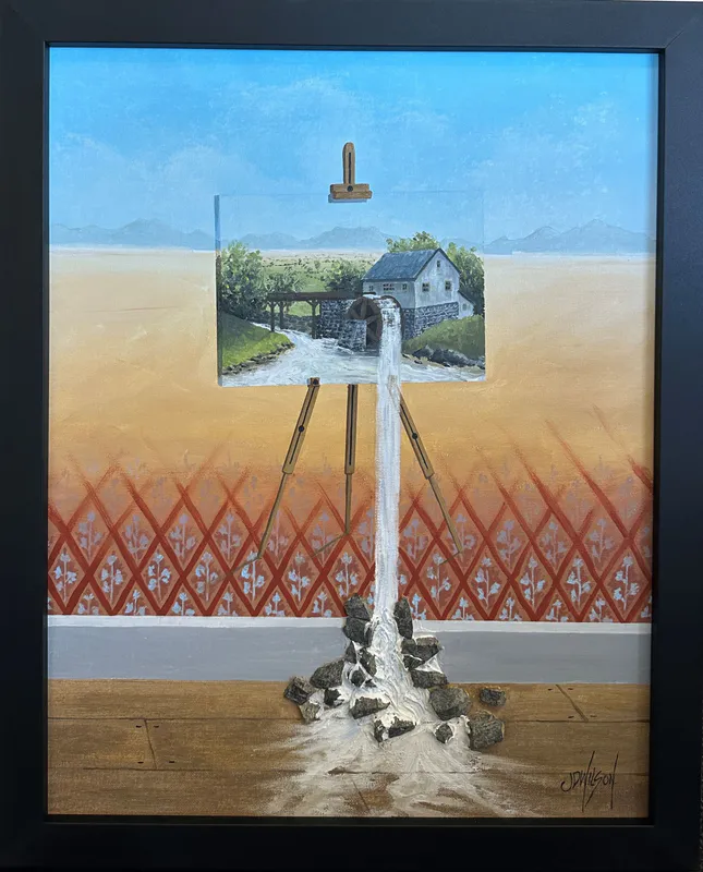 An original mixed media painting with real rocks incorporated into the foreground by John Wilson, available at The Little Gallery Tairua