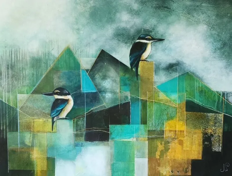 An original contemporary artwork with Kingfisher birds (Kotare) by Julie Whyman, available at The Little Gallery Tairua