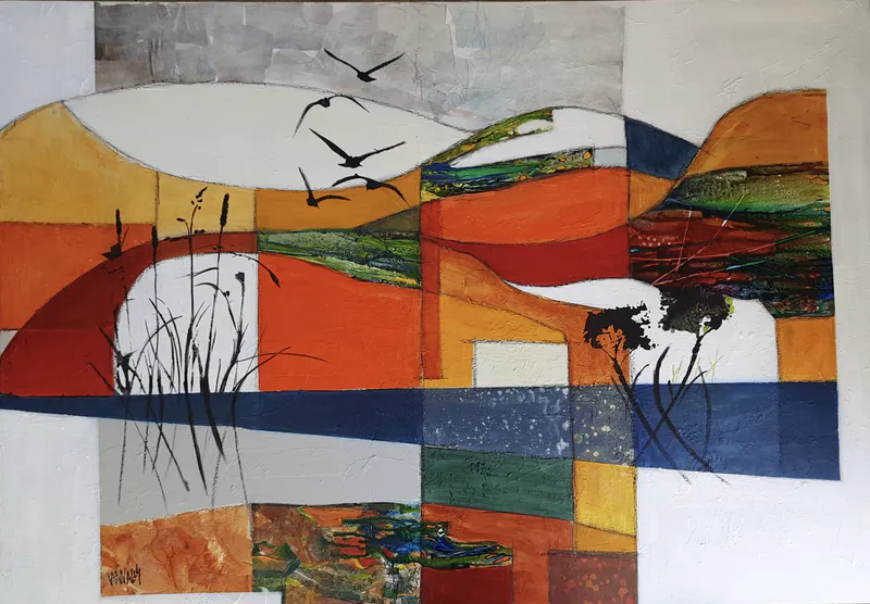 An original patchwork style painting by Wendy Walls, available at The Little Gallery Tairua