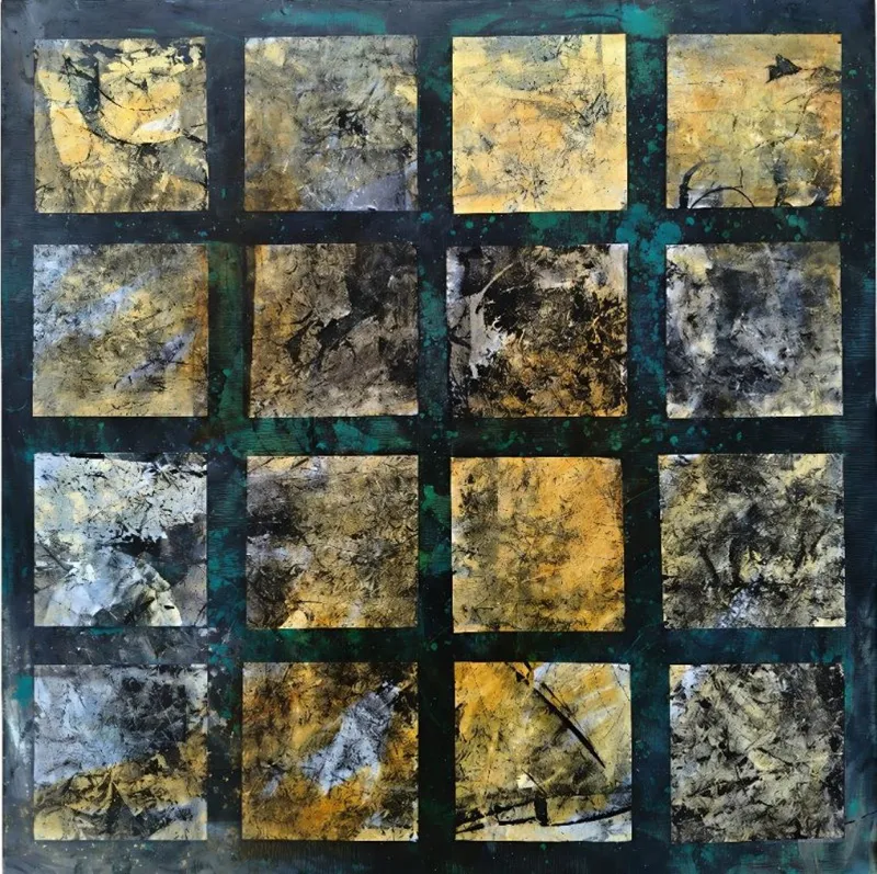 An original Mixed Media painting with sixteen squares by Michael Harrison, available at The Little Gallery Tairua