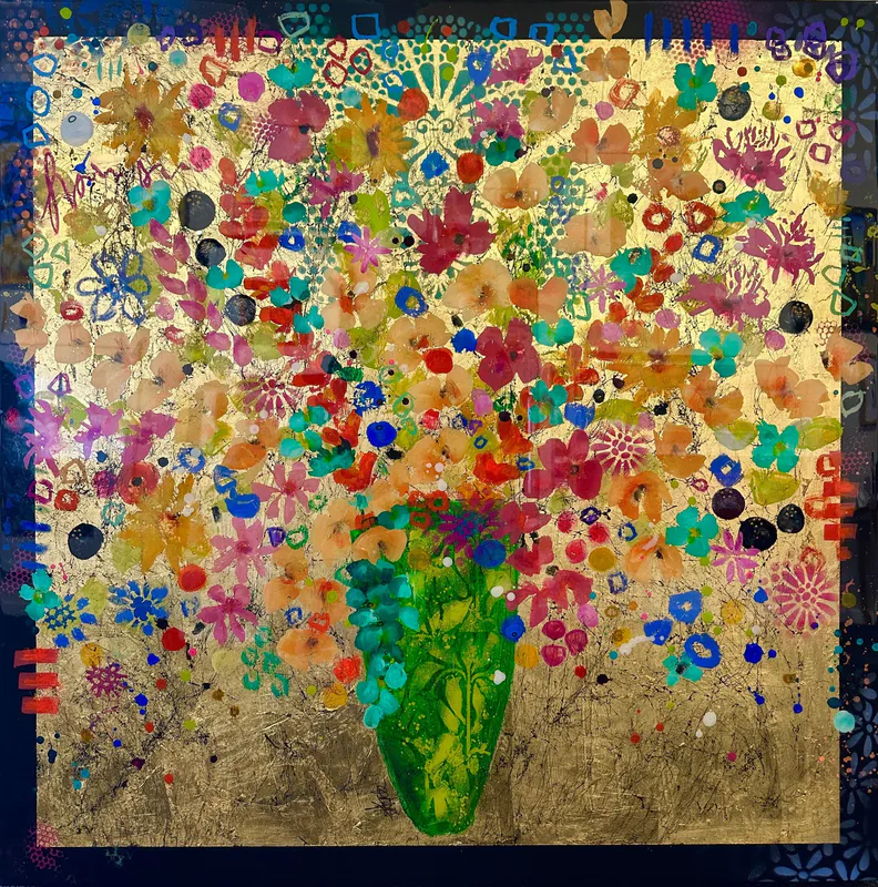 An original floral painting with Autumn colours, gold leaf and resin coating by Kristin Hyde, available at The Little Gallery Whangamata