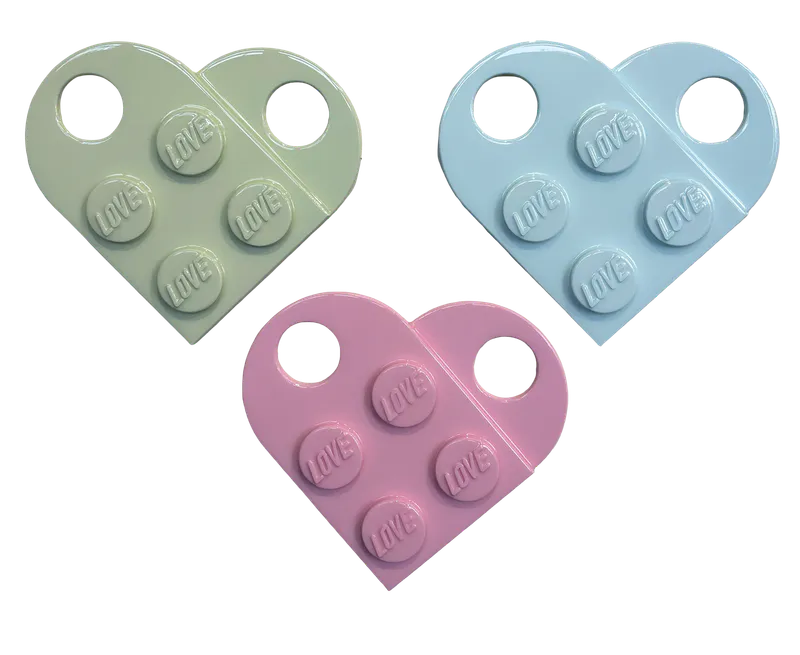 Heart shaped Lego inspired wall sculptures by Clint C available at The Little Gallery Whangamata