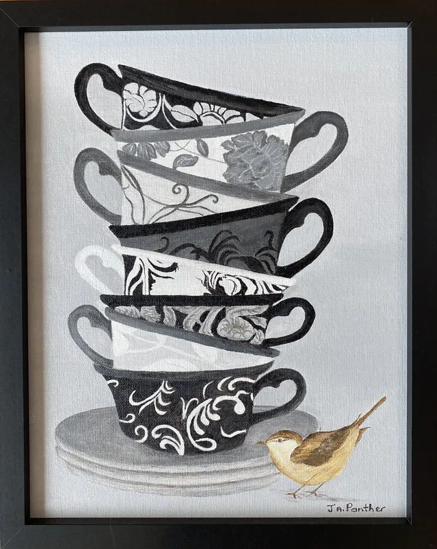 An original Acrylic painting of black white stacked coffee cups with a small bird by Jennifer Panther, available at The Little Gallery Tairua