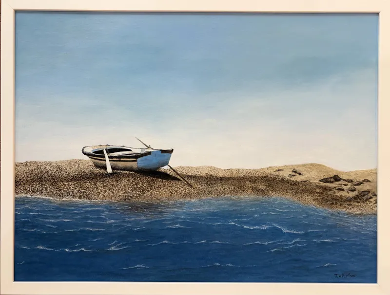 An original Acrylic painting of a boat waiting for the turn of tides by Jennifer Panther, available at The Little Gallery Tairua