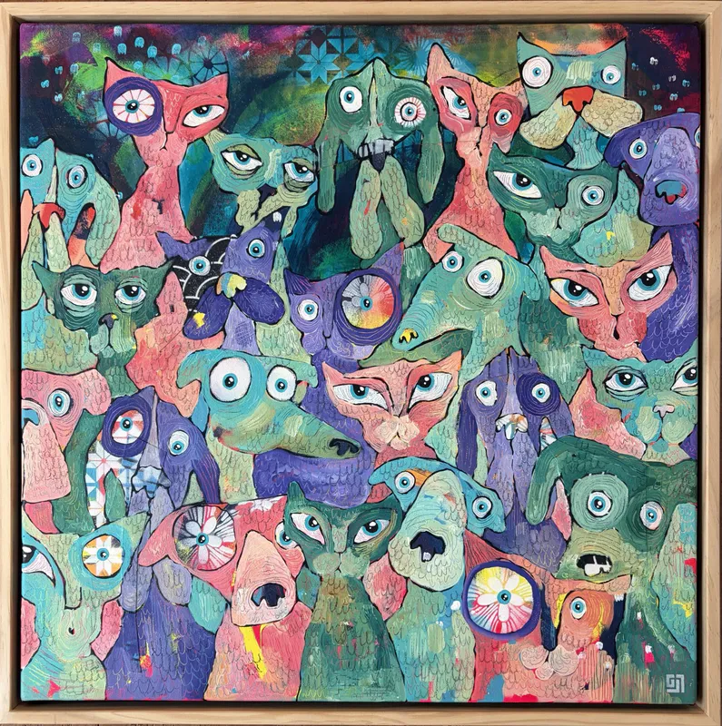 An original painting with colourful cats and dogs by Jessie Macaw, available at The Little Gallery Whangamata