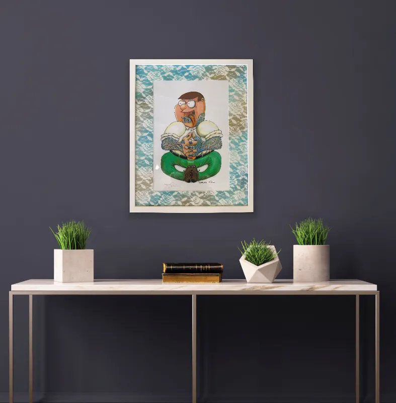 A print of cartoon character Peter Griffin with tattoos by Bruce Rule Artist