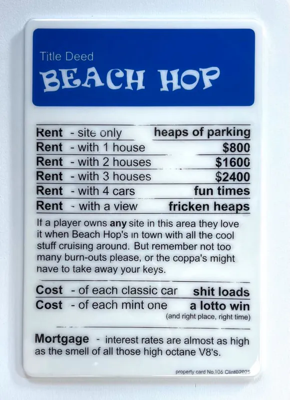 A contemporary resin coated artwork of Beach Hop Monopoly Title Deed by New Zealand artist Clint C, available from The Little Gallery Tairua