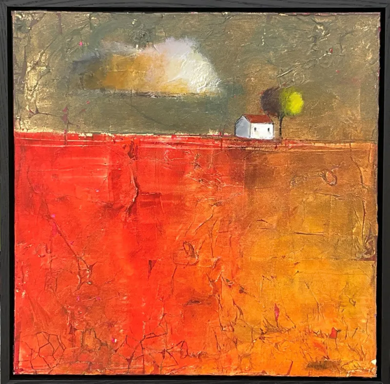 An original Mixed Media painting with red fields and a silver sky by Dalene Meiring, available at The Little Gallery Tairua