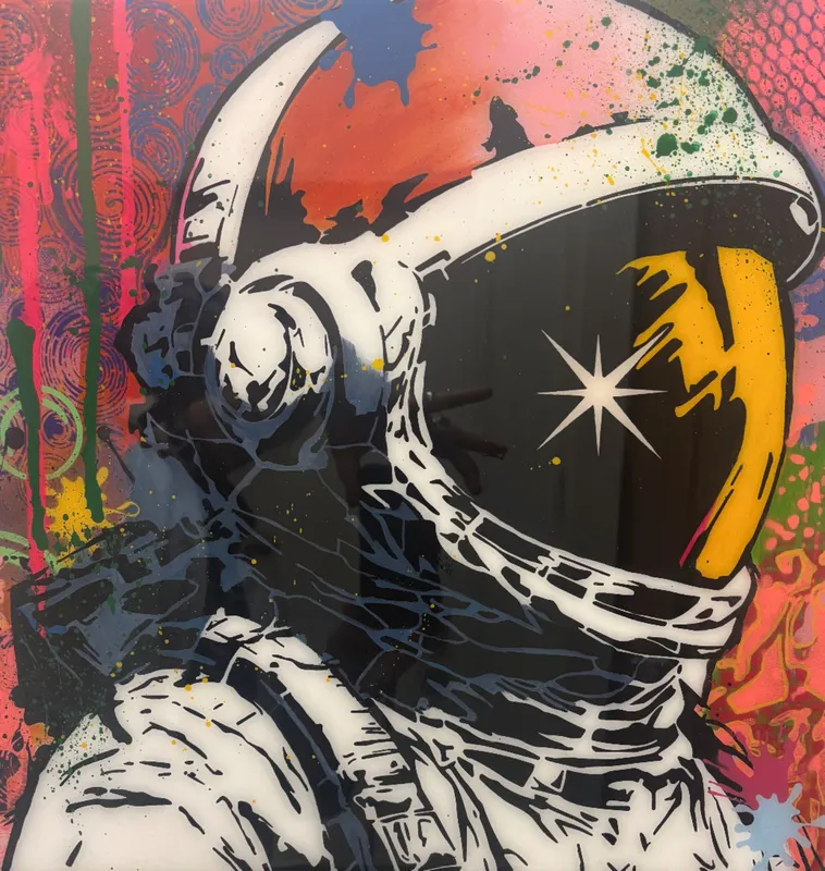 An original painting of an Astronaut with a red background by Lesley Campbell, available at The Little Gallery Tairua