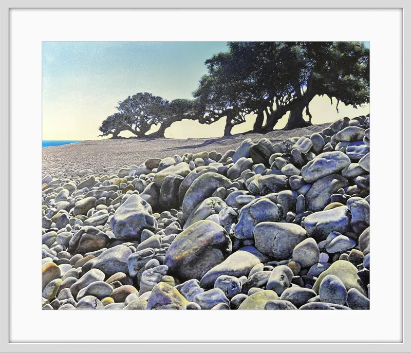 A fine art print of a rocky Coromandel beach by the late New Zealand artist Grant Simpson, available at The Little Gallery Tairua