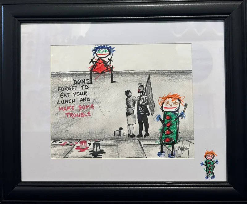 A contemporary artistic sketch of crayon drawn people and graffiti by John Wilson, available at The Little Gallery Whangamata