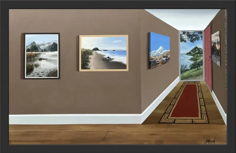 An original 3D visual trickery painting of a hallway with artwork by John Wilson, available at The Little Gallery Whangamatā