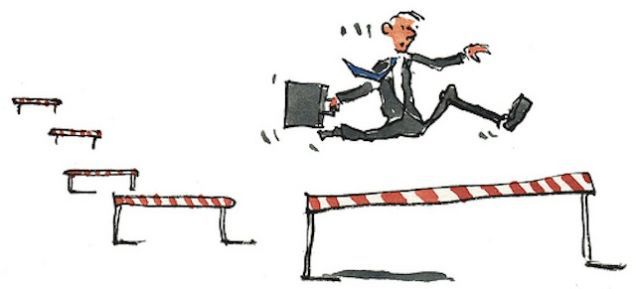 Illustration of man in business suit with briefcase jumping over hurdles