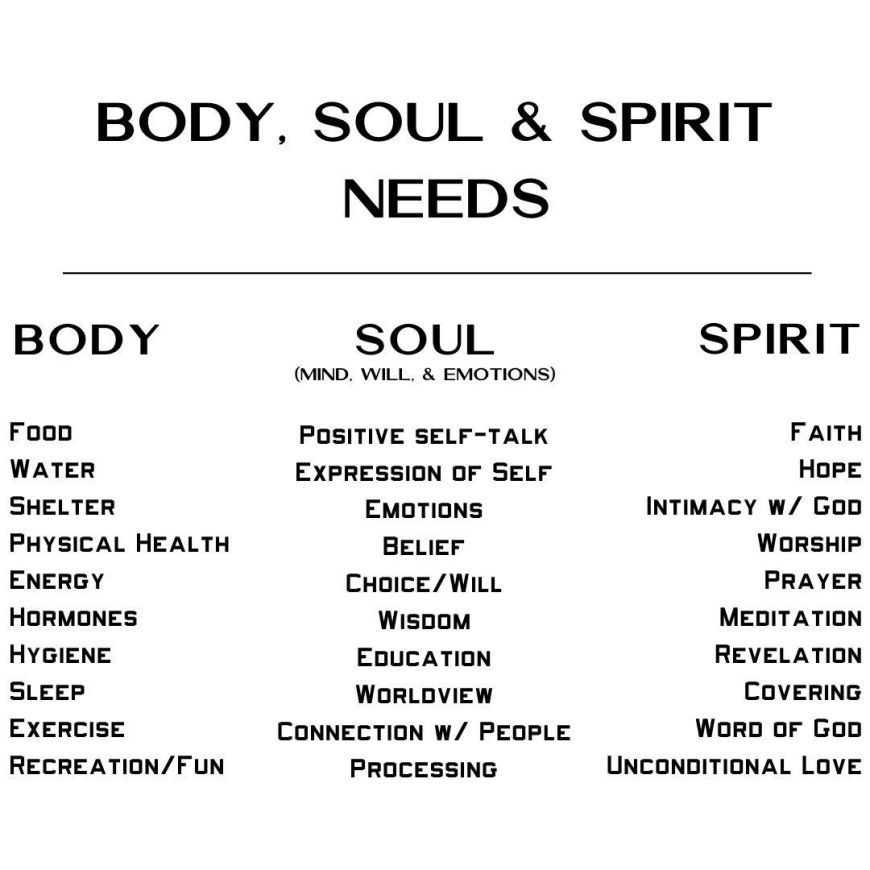 Diagram with three columns, listing the needs of the body, soul and sprit. The holistic approach to treat the cause not just the symptoms of our entire being