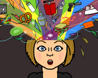 Cartoon image of young woman with thoughts and items exploding out of her head.