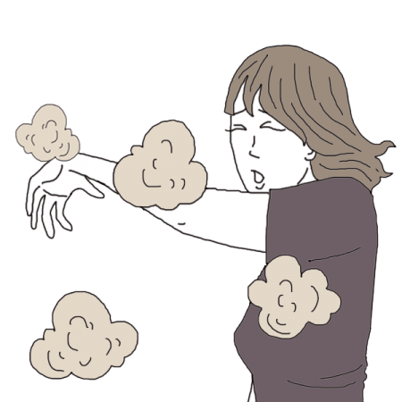 Cartoon illustration of woman sneezing amongst clouds of dust