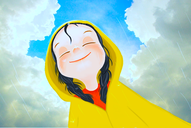 Cartoon character in raincoat smiling joyfully despite stormy clouds in the background