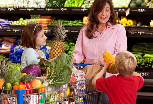 Mother with two children grocery shopping in the produce section