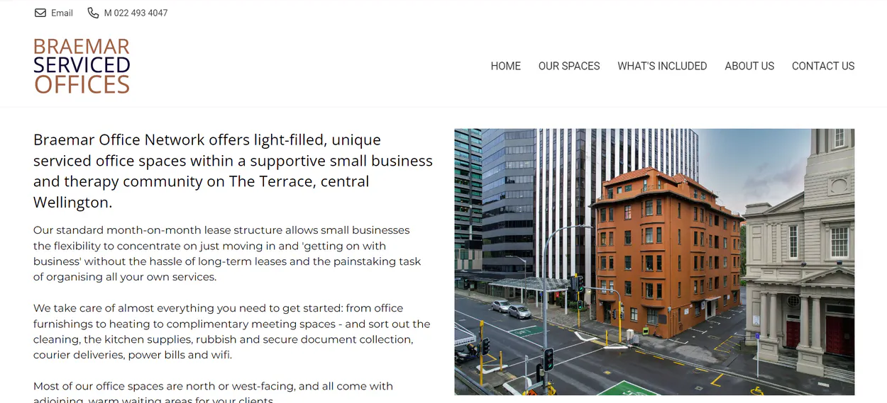 Braemar Office Network offers light-filled, unique serviced office spaces within a supportive small business and therapy community on The Terrace, central Wellington.